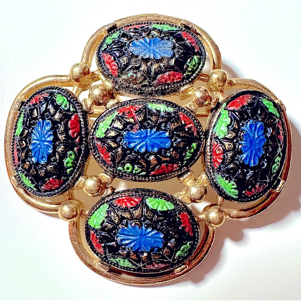 Vintage Sarah Coventry gold mosaic painted brooch pin